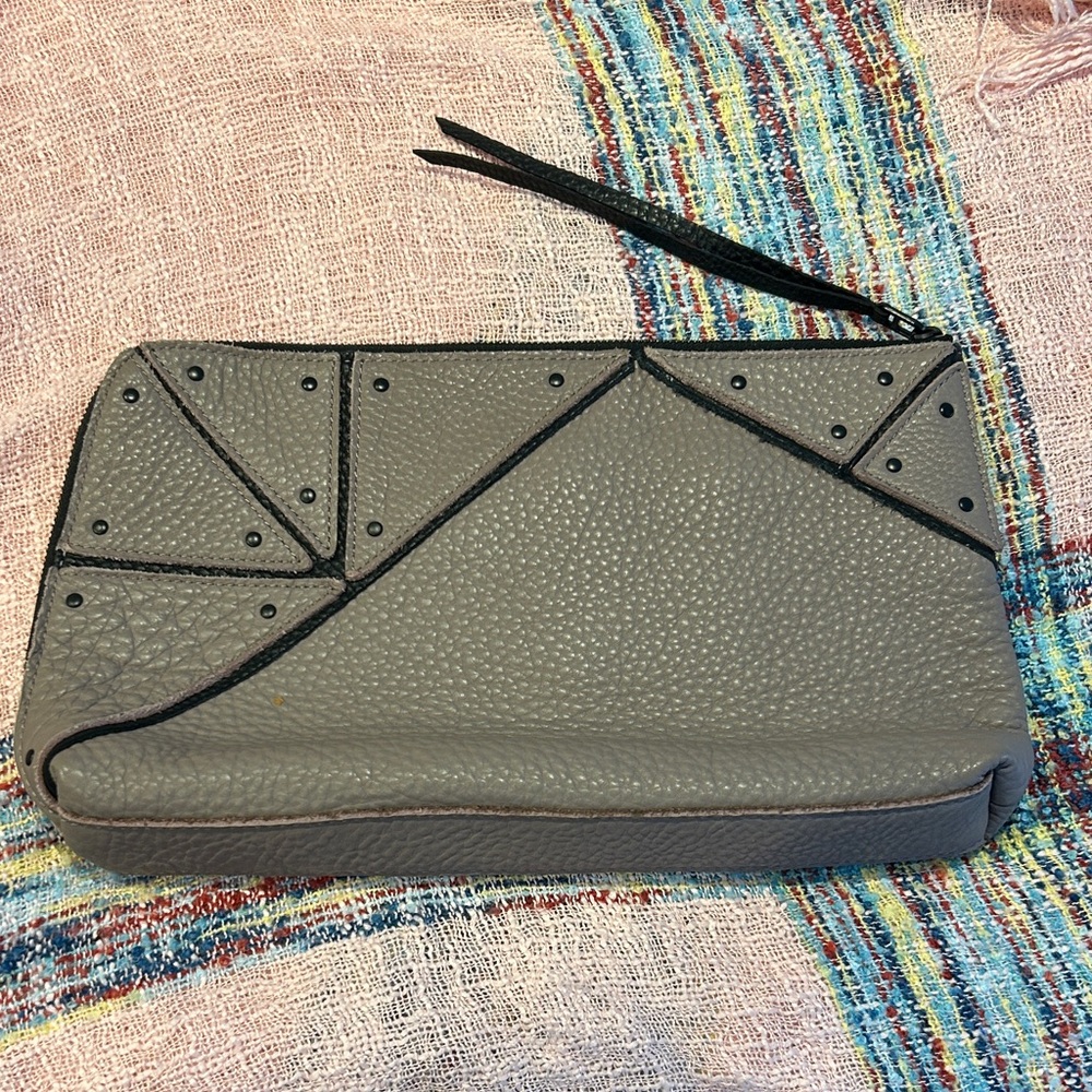 Christopher Kon Leather Taupe Textured Clutch with Black Accents